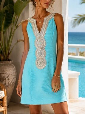 Lilly Pulitzer Size 4 Aqua Blue Gold Embroidered Shift Dress NWOT Resort Coastal